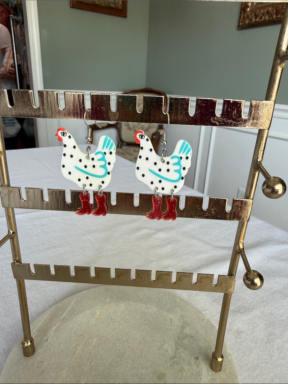 Handmade White Polka Dot Chicken Dangle Earrings with Red Boots